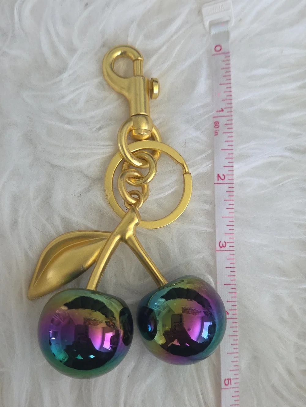 Gold Cherry Keychain with Iridescent Purple-Green Charms